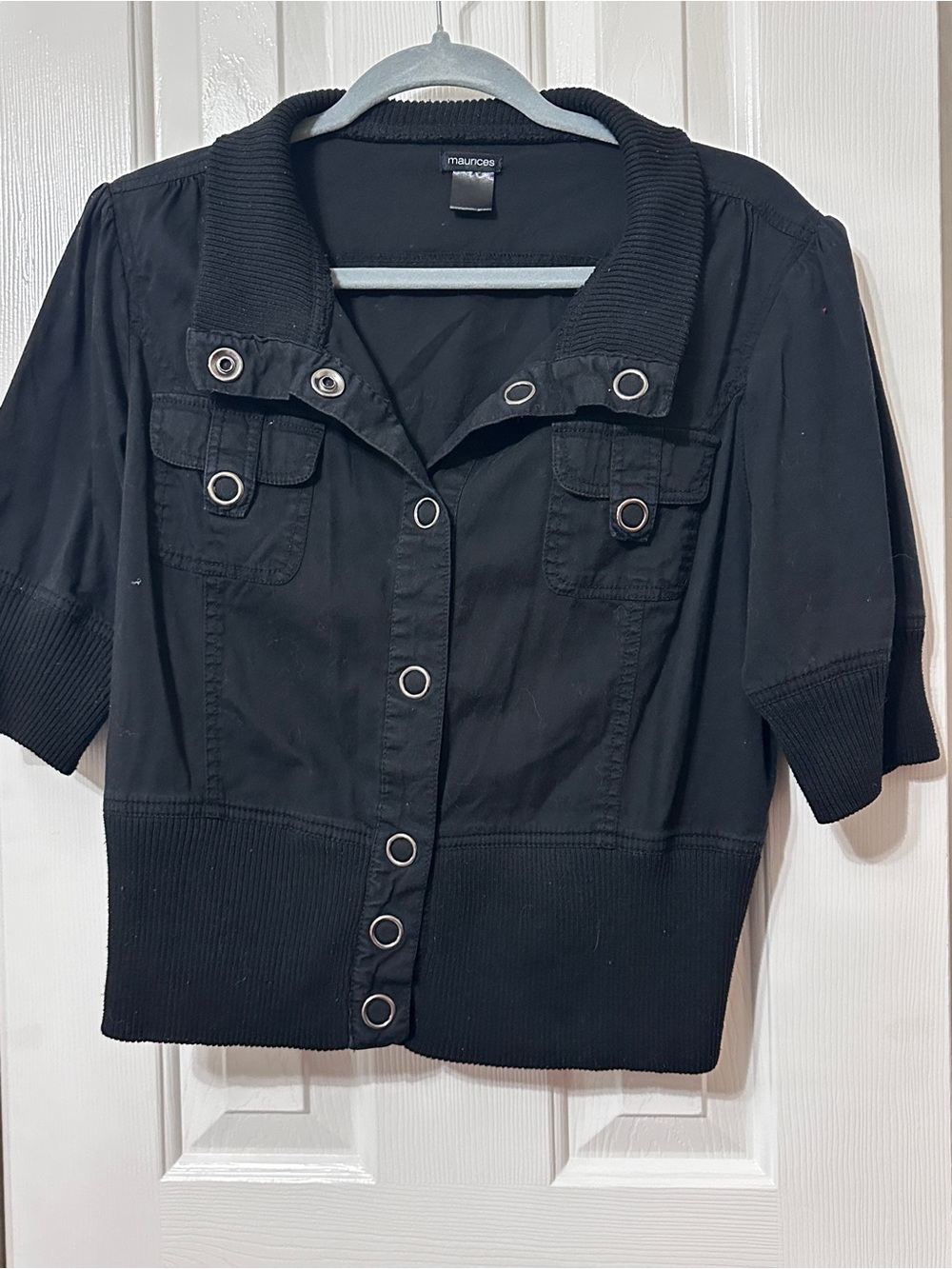 Maurices Black 3/4 Sleeve Button-Up Jacket with Grommet Detail